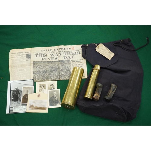 464 - WWI & WWII Shell art, copy of the Daily Express dated May 9th, 1945 and a kit bag from WWII