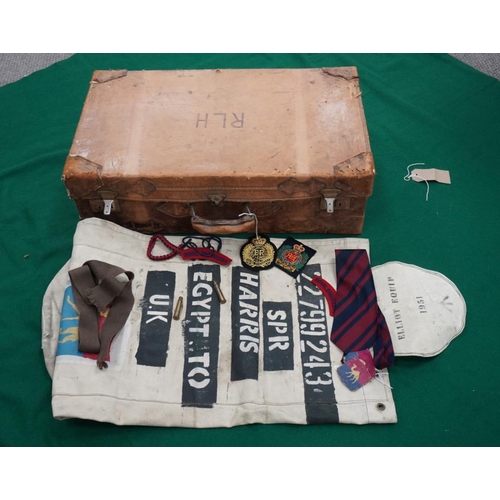 465 - Kit bag and suitcase relating to RL Harris WWII and assorted military badges, ties etc