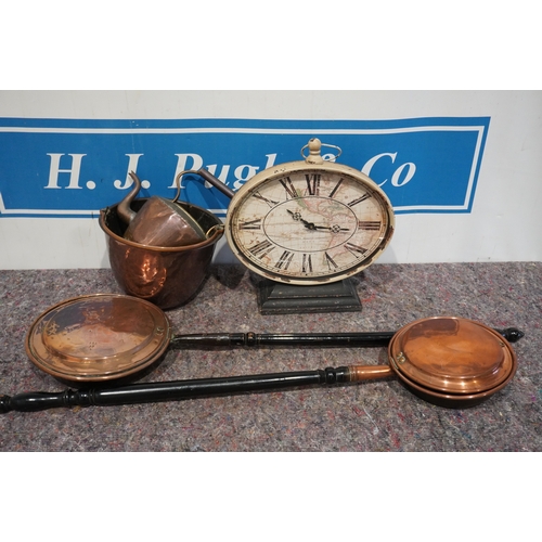 480 - 2 Copper bed warming pans, copper kettle, pan and modern clock