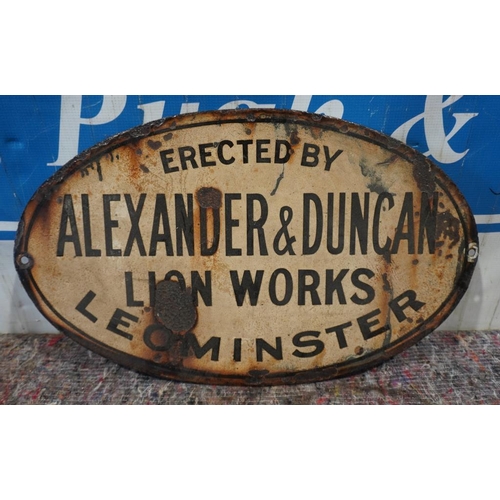 258 - Alexander and Duncan lion works Leominster enamel sign 20x12