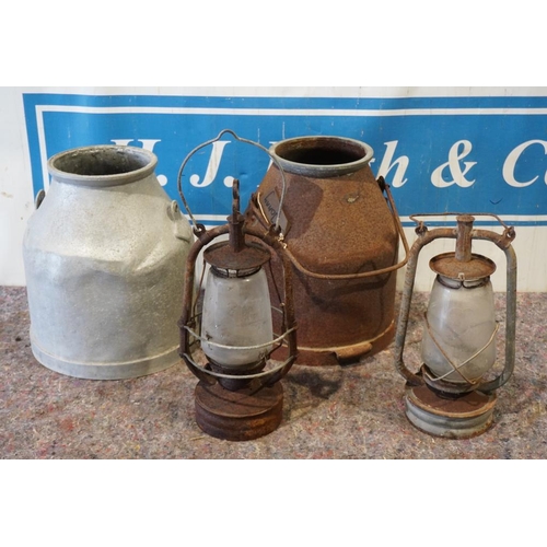 327 - 2 Milk buckets and 2 old hurricane lamps and Lister tubular milk cooler