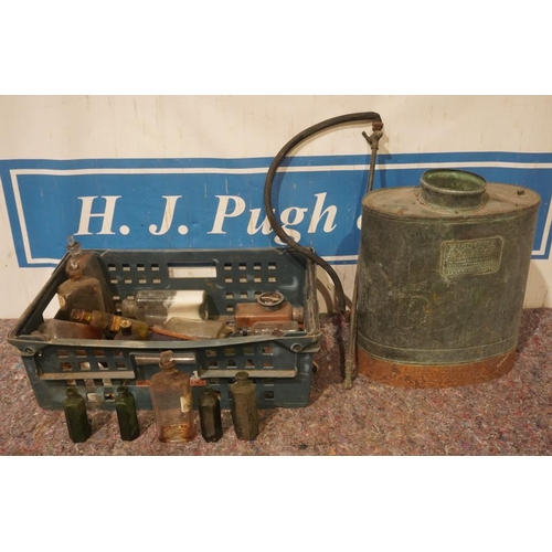 395 - Vintage The Four Oaks metal backpack sprayer and box of old glass bottles