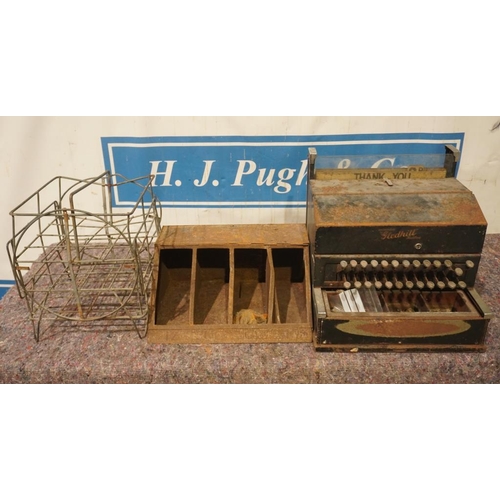 401 - Vintage Gledhill cash till, bottle carrier and metal rack