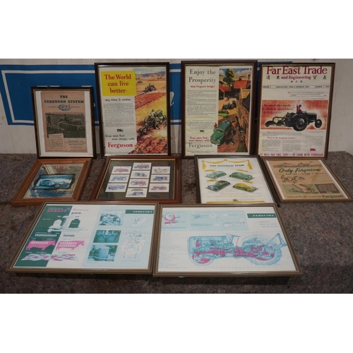 566 - Assorted framed Ferguson posters, Rolls Royce mirror and car poster +VAT