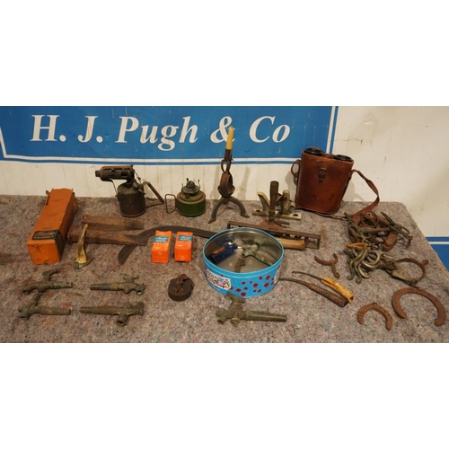 578 - Assorted vintage items including Ross binoculars, brass taps, blow lamp etc