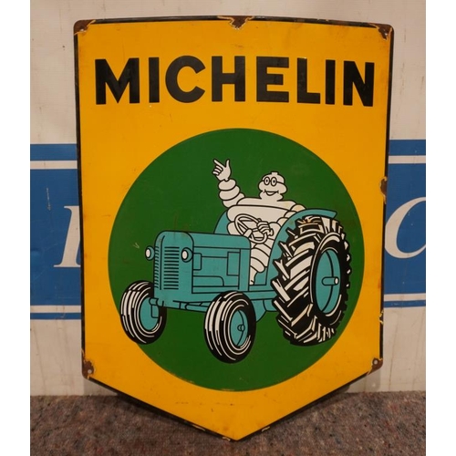 636 - Enamel sign, Michelin man on tractor,  max 23 1/2x18