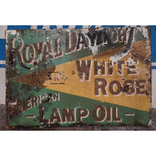 655 - Enamel double sided sign post mounted, Royal Daylight Lamp Oil 16x11