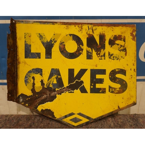 658 - Enamel double sided sign post mounted, Lyons Cakes. Max 15 1/2 x 18