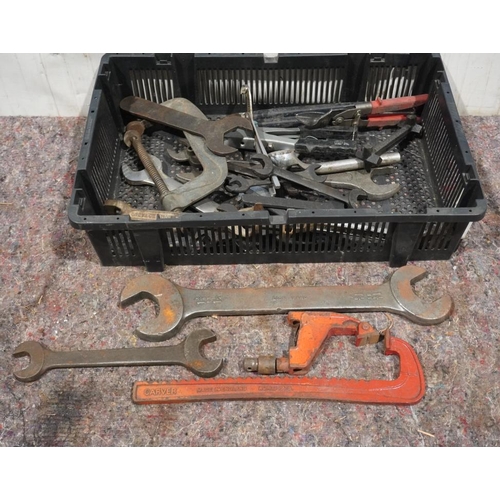 180 - Tray of assorted spanners, clamps etc