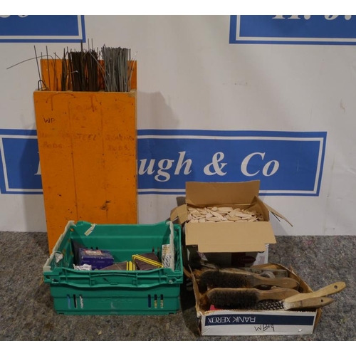 227 - Box of assorted steel rods, box of assorted screws, box of wire brushes etc