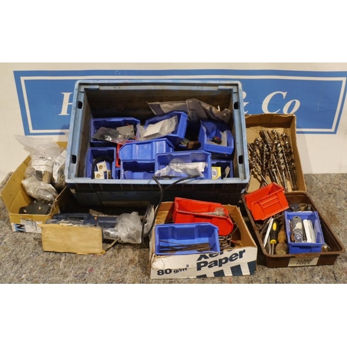 228 - Box of wood drill bits and 3 boxes of assorted hand tools, clock movements etc