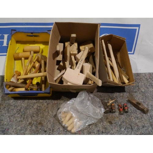 229 - 3 Boxes of assorted wooden mallets, hammer heads and handles