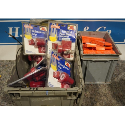 235 - Box of Martek chisel and plane blade sharpeners and box of rolling rulers +VAT