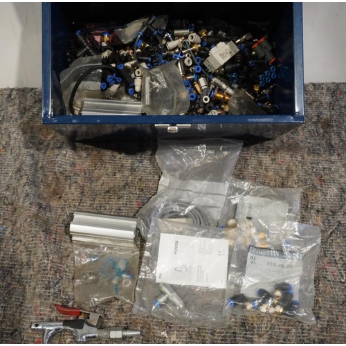 706 - Metal box of assorted SMC festo air fittings, valves and air gun