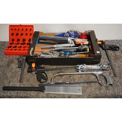 734 - Box of spanners, saws and other hand tools