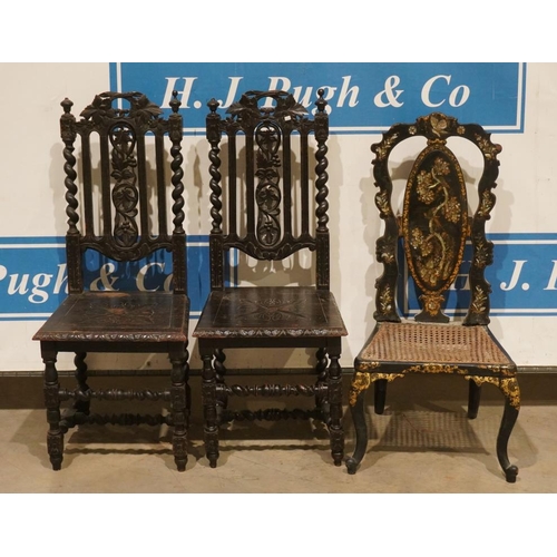 101 - 2 Heavily carved hall chairs and 19th century cane seated chair with mother of pearl inlaid