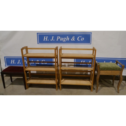 116 - 2 Folding shelf units and 2 upholstered piano stools
