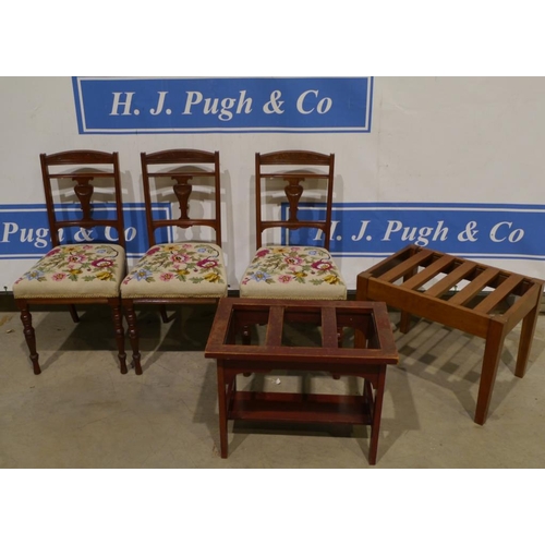 118 - 3 Upholstered chairs and 2 mahogany luggage racks
