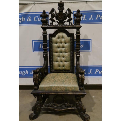 165 - Large heavily carved upholstered throne chair 77