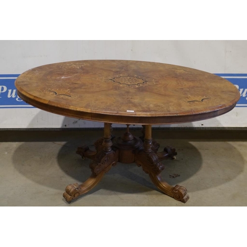 168 - Walnut inlaid oval tilt top table 53x39