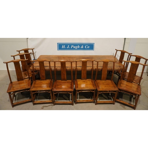 175 - Elm dining room table (small crack on table leg joint) and 10 matching chairs 103x39
