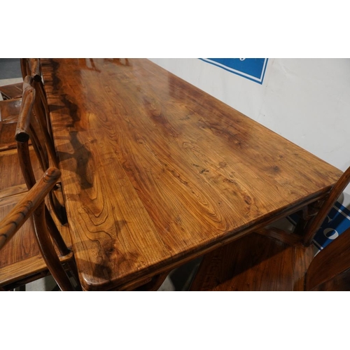 175 - Elm dining room table (small crack on table leg joint) and 10 matching chairs 103x39