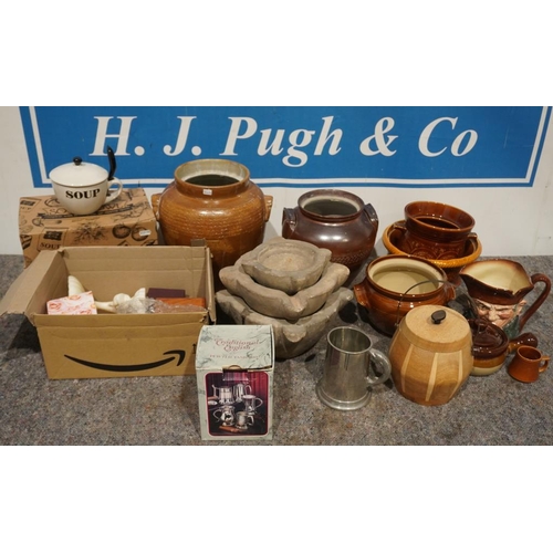 239 - Assorted pottery items, pewter, soup bowls etc