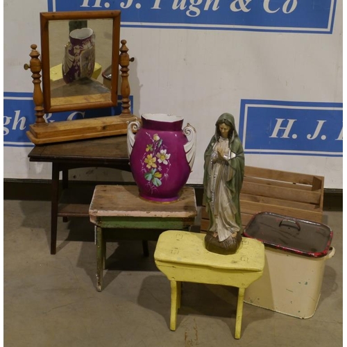 243 - Small oak folding card table, pine framed mirror, stools, bread bin and other items