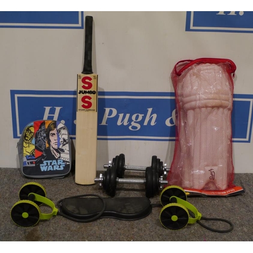 247 - SS cricket bat, Kookaburra cricket pads, weights etc