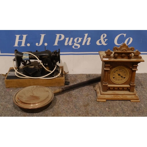 261 - Singer sewing machine, copper bed warming pan and mantle clock