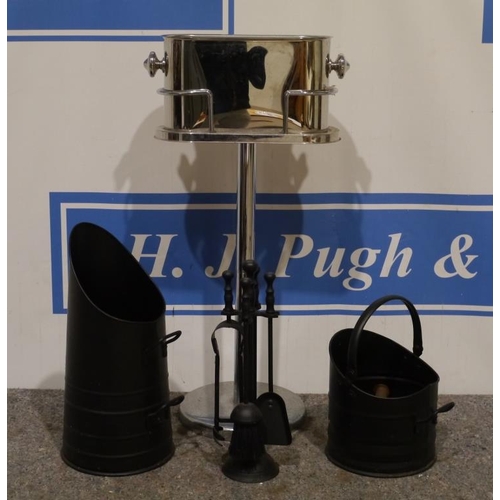 277 - Champagne bucket on stand and fireside accessories