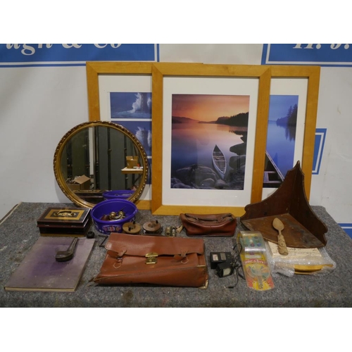 279 - 3 Framed prints, gilt framed mirror, smoking paraphernalia and other items