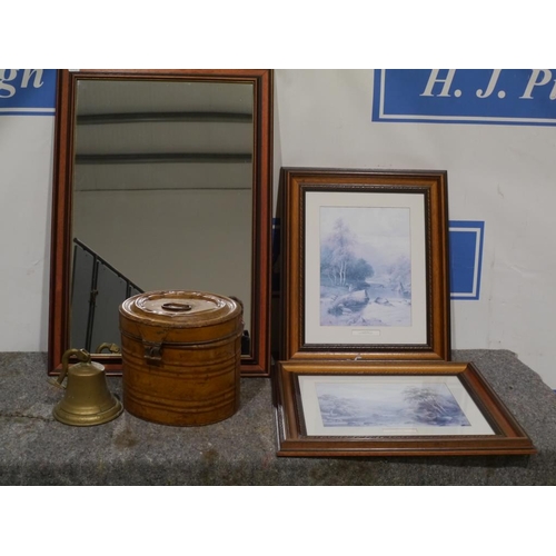 280 - Framed mirror, 2 framed prints, brass bell and metal box
