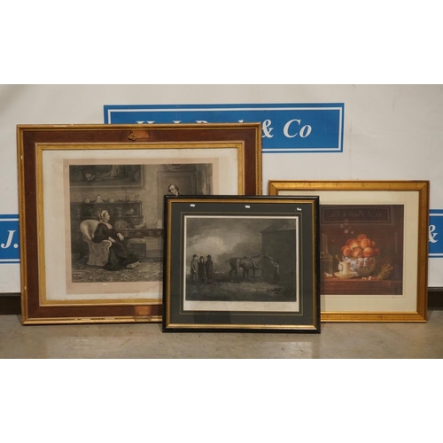 284 - 3 Framed prints depicting horse scene, peaches and Victorian household