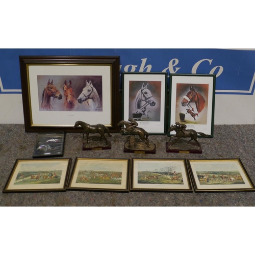 292 - Assorted horse racing framed prints and statues including Desert Orchid and Shergar