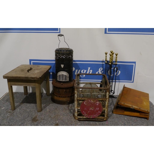 293 - Valor paraffin heater, old bottle crate, companion set etc