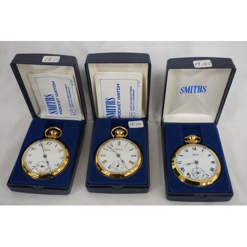 328 - 3 Smiths pocket watches in original boxes, 2 with original guarantees. NOS