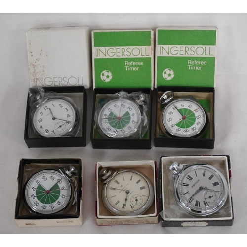 331 - 3 Ingersoll referee timers, 2 Ingersoll pocket watches and 1 Advance pocket watch, some in original ... 