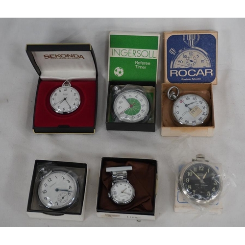 332 - 6 Assorted pocket watches and timers including Sekonda, Westclox and Ingersoll. NOS