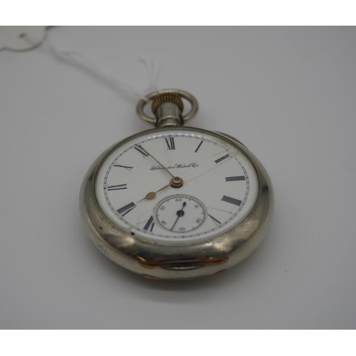 368 - Hampden 15 jewelled pocket watch in. Excellent condition movement. 1894. Slight dial damage