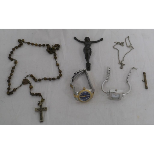 418 - Gucci and Rolex ladies watches, not genuine and assorted crucifixes on chain