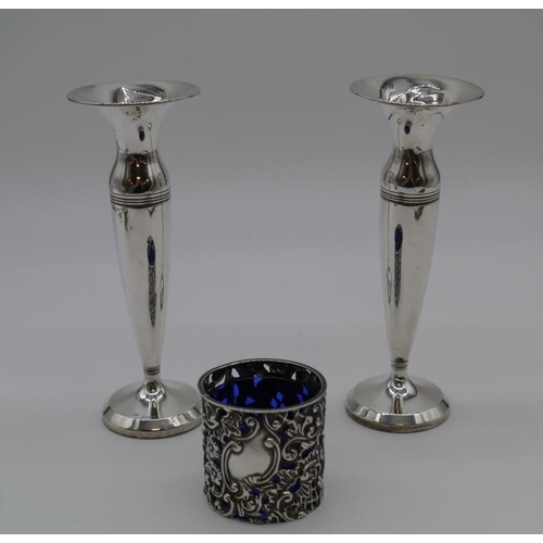 437 - Pair of silver vases and silver pot with blue glass liner