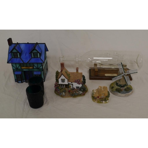 442 - Stained glass model house, HMS bounty ship in a bottle, 3 Lilliput lane miniatures etc