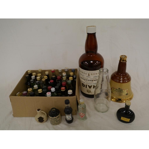 447 - Haig and Bells empty whisky bottles and quantity of assorted miniatures, some full