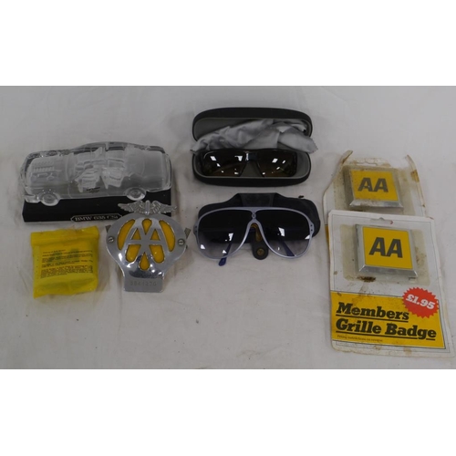 452 - 2 Pairs of BMW sunglasses, assorted AA car mascots and glass car on plinth