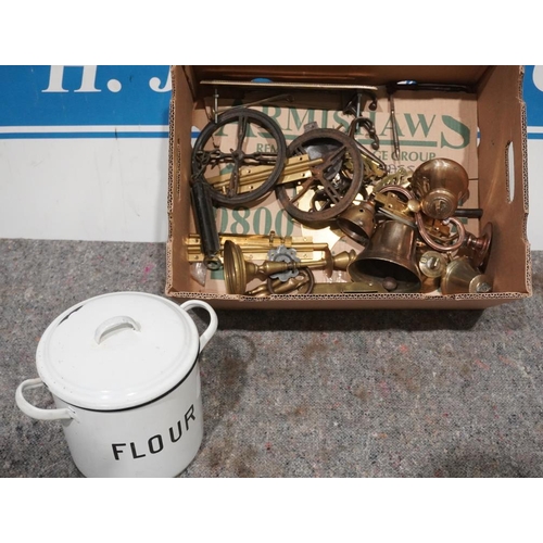 458 - Box of assorted brass ware and enamel flour bin