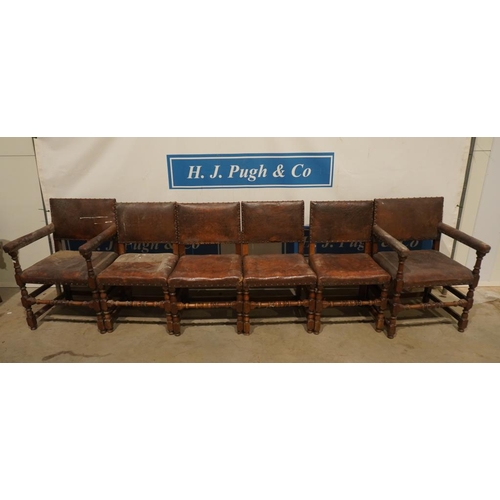 88 - Set of leather arm chairs. 4 open 2 carvers