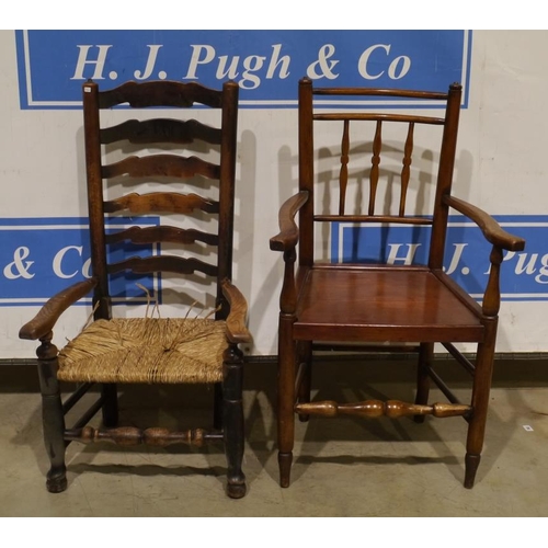 90 - Country carver chair and oak rush seated ladder back chair