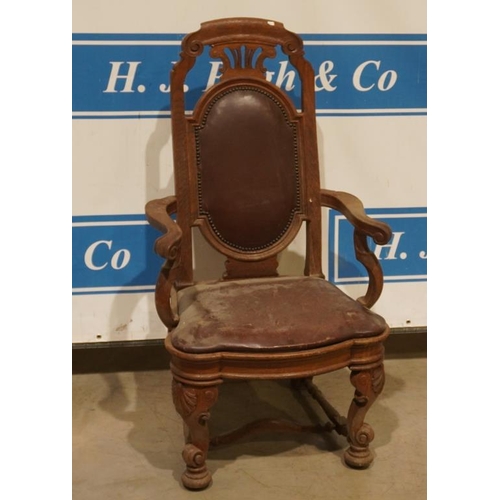 92 - Oak leather back arm chair