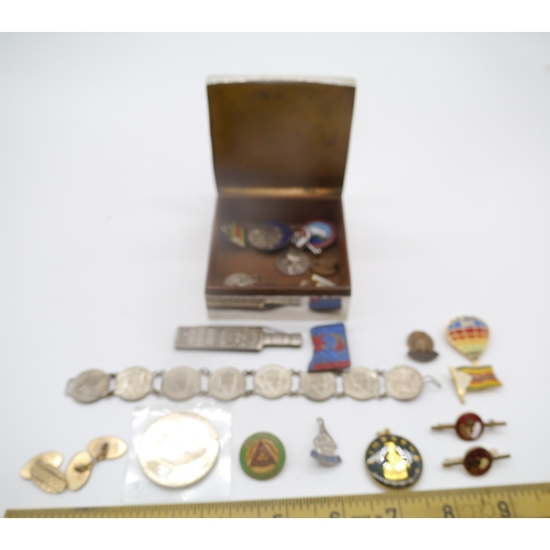 297A - Box of badges, coin bracelet, pen knife, cufflink etc